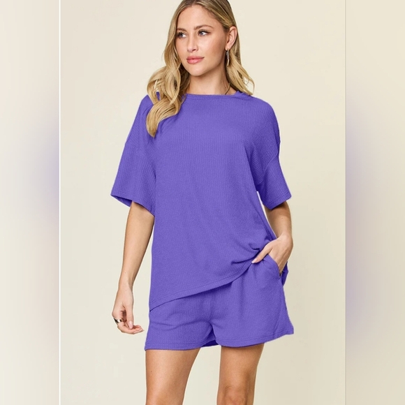 Tops - Double Take Full Size Round Neck Short Sleeve and Shorts SET-size Large- NWOT💜